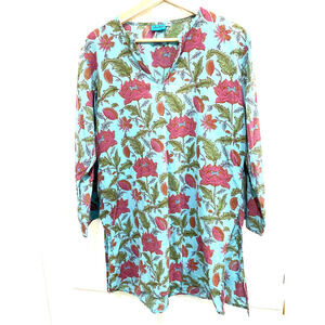 BUBBLES - blue with pink flowers long sleeve cotton dress / tunic size L